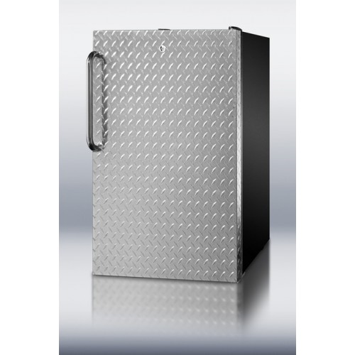 CM421BLDPLADA ADA compliant 20" wide freestanding refrigerator-freezer with a lock, diamond plate door, black cabinet and pro towel bar handle