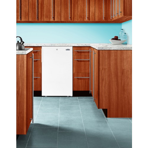 CM411LBIADA ADA compliant 20" wide built-in undercounter refrigerator-freezer in white with a front lock