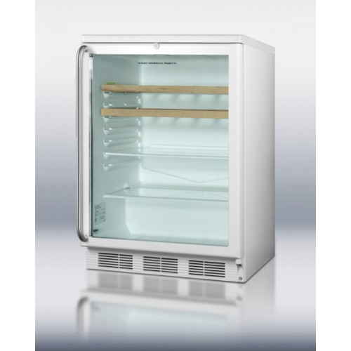 SCR600LBISHWO Commercially listed built-in undercounter beverage center with white cabinet, glass door, full-length SS handle, glass and wooden shelves, and lock