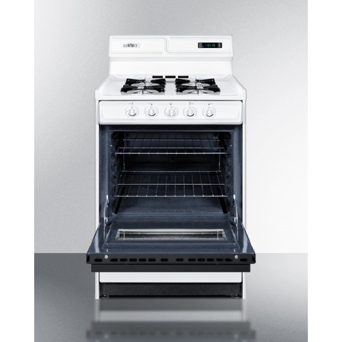WNM6307DKDeluxe gas range in slim 24" width with electronic ignition, digital clock/timer, black glass oven door, and white porcelain top; replaces WTM6307DK