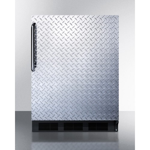 FF6BDPL Freestanding refrigerator with auto defrost, diamond plate wrapped door, towel bar handle, and black cabinet