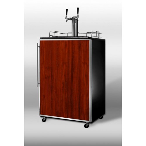 SBC490FRTWIN Full-sized commercial beer dispenser for freestanding use, with black cabinet, dual tap system, and stainless steel door frame for custom panels