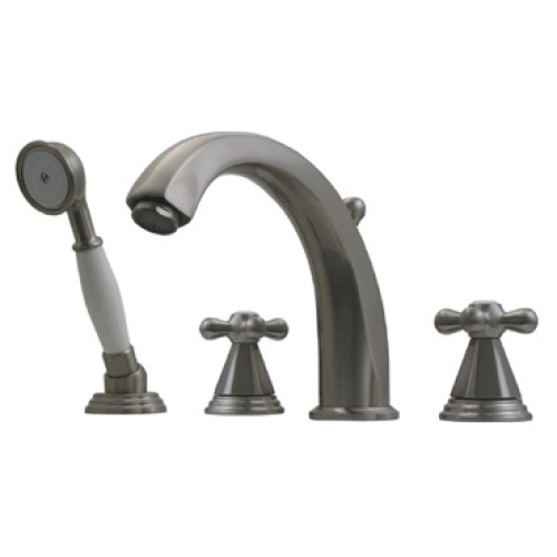 WHI-514.443TF-BN Blairhaus Truman deck mount tub filler set with smooth lined arcing spout, hexagon-shaped cross handles, beveled escutcheons, hand held shower with white accents & built-in diverter