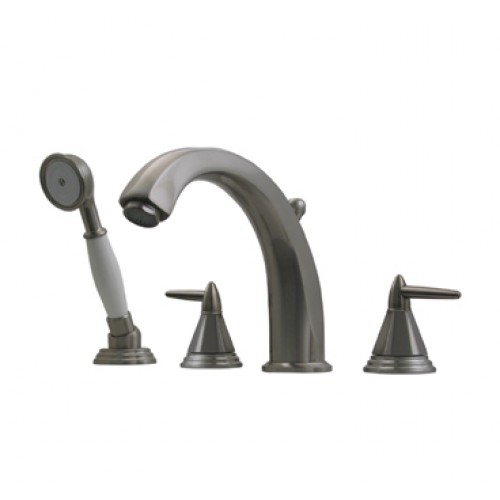 WHI-514.453TF-BN Blairhaus Monroe deck mount tub filler set with smooth lined arcing spout, octagon-shaped lever handles, beveled escutcheons, hand held shower with white accents & built-in diverter