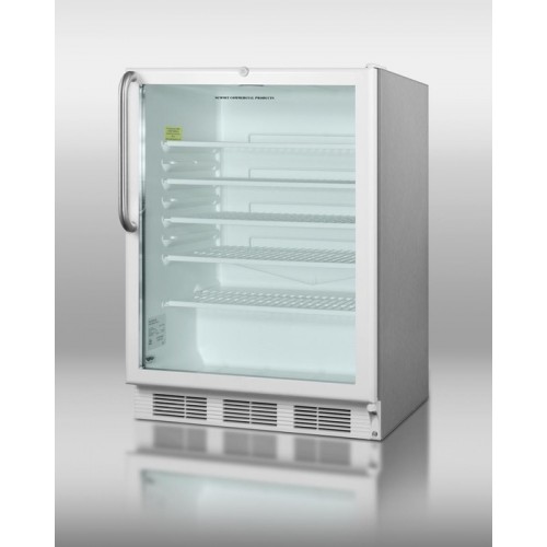 SCR600LCSS Commercially listed built-in undercounter beverage center in 24" footprint, with stainless steel wrapped cabinet, glass door, and lock