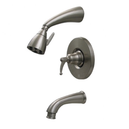 WHI-614.835PR-BN Blairhaus Adams pressure balance valve with showerhead, tub spout with pull down diverter and bell-shaped lever handle