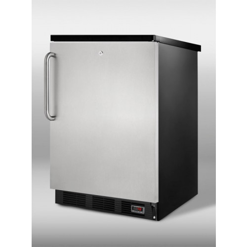 FF7LBLPUBSSTB Commercially approved freestanding beverage cooler, black cabinet, stainless steel door, and towel bar handle