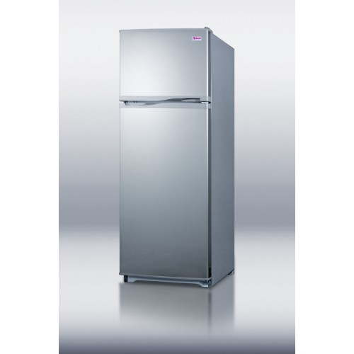 FF1062SLVIM 24" wide frost-free refrigerator-freezer in a platinum finish, with glass shelves and factory installed icemaker
