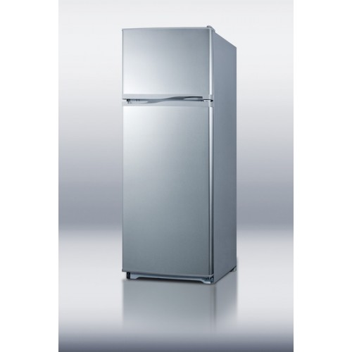 FF1062SLVSS 24" wide frost-free refrigerator-freezer with glass shelves, platinum cabinet, and reversible stainless steel doors