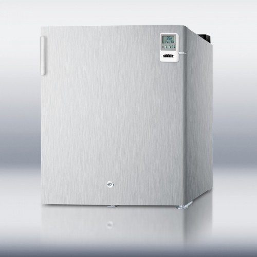 FFAR22LWCSSMEDDT Compact auto defrost all-refrigerator in stainless steel with a digital thermostat, lock, temperature alarm, internal fan, and hospital grade cord