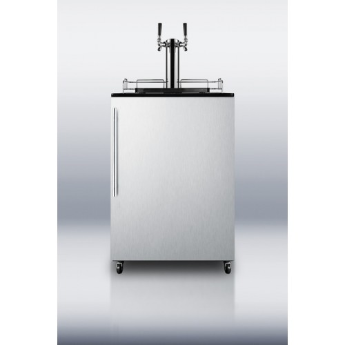 SBC490BISSHVTWIN Built-in auto defrost commercial beer dispenser with two taps, stainless steel door, and thin handle