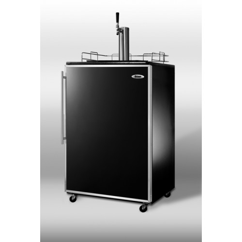 SBC490FR Full-sized commercial beer dispenser for freestanding use, with black cabinet, complete tap kit, and stainless steel door frame for custom panels