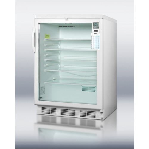SCR600LMED Commercially approved freestanding glass door refrigerator with temperature alarm, hospital grade cord, internal fan and lock