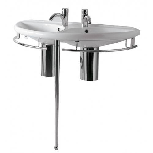 WHI-ECO64-ESU04 China Series semi-circular double basin china console with chrome overflow, polished chrome towel rails and leg support
