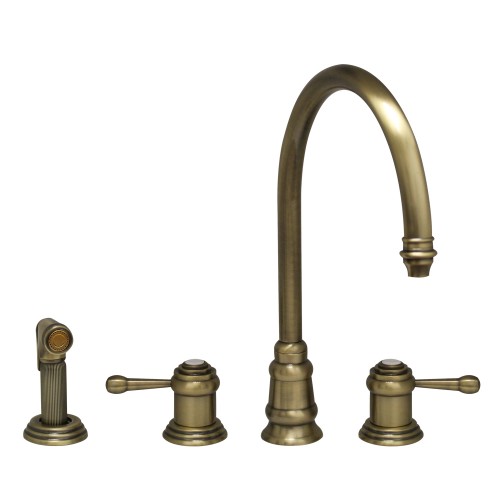 WHI-WH15664-AB Evolution widespread mixer with gooseneck swivel spout, lever style handles and solid brass side spray