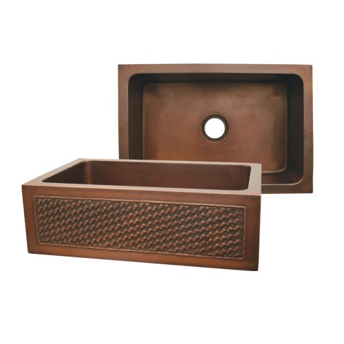 WHI-WH3020COFCBW-SMOOTH COPPER Copperhaus rectangular undermount sink with a Basket Weaving design front apron