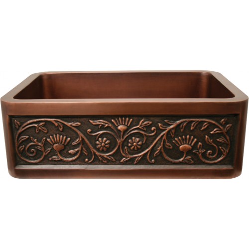 WHI-WH3020COFCSF-SMOOTH COPPER Copperhaus rectangular undermount sink with a Sun Flower design front apron