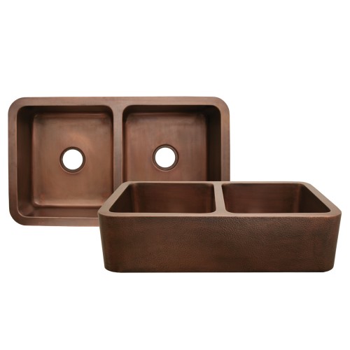 WHI-WH3621COFCD-HAMMERED COPPER Copperhaus rectangular double bowl undermount sink with hammered front apron
