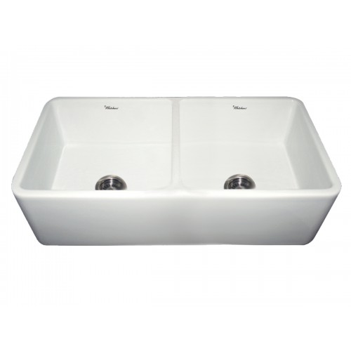 WHI-WH3719-WHITE Duet reversible double bowl fireclay sink with smooth front apron