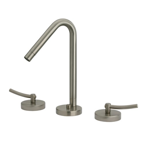 514.443TF-P Blairhaus Truman deck mount tub filler set with smooth lined arcing spout, hexagon-shaped cross handles, beveled escutcheons, hand held shower with white accents & built-in diverter