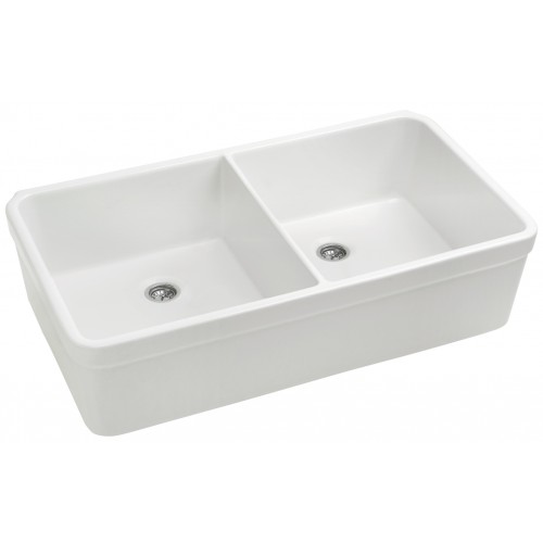 WHI-WHB5122-WHITE Basichaus non reversible double bowl fireclay sink with decorative 2" lip and 3 1/2 inch center drain