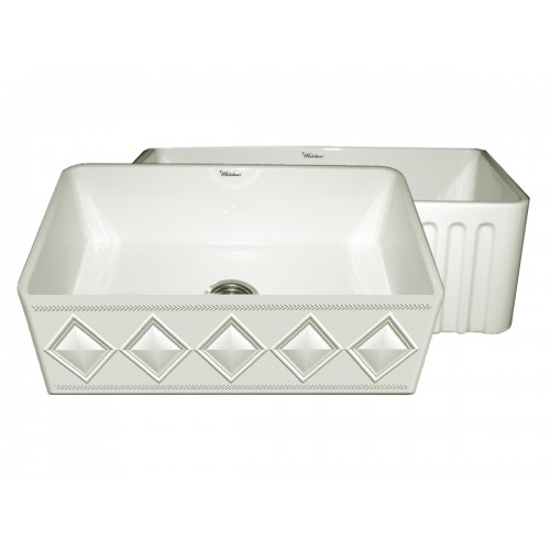 WHI-WHFLDI3018-BISCUIT Diamondhaus Reversible Series fireclay sink with a diamon design front apron on one side, and a fluted front apron on the opposite side