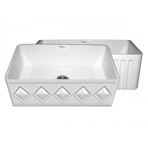 WHI-WHFLDI3018-WHITE Diamondhaus Reversible Series fireclay sink with a diamon design front apron on one side, and a fluted front apron on the opposite side