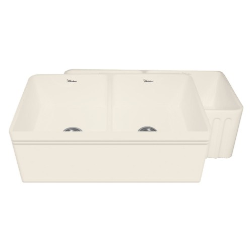 WHI-WHFLAL3318-BISCUIT Quatro Alcove double bowl reversible fireclay sink with a decorative 2 1/2" lip on one side and a fluted front apron on the opposite side