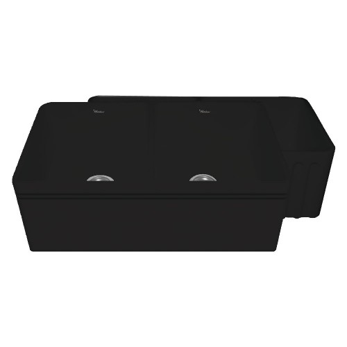 WHI-WHFLAL3318-BLACK Quatro Alcove double bowl reversible fireclay sink with a decorative 2 1/2" lip on one side and a fluted front apron on the opposite side