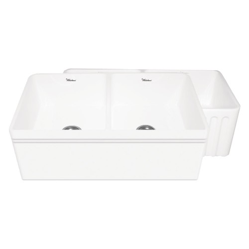WHI-WHFLAL3318-WHITE Quatro Alcove double bowl reversible fireclay sink with a decorative 2 1/2" lip on one side and a fluted front apron on the opposite side
