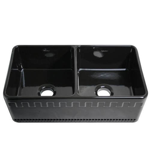 WHI-WHFLATN3318-BLACK Reversible series double bowl fireclay sink with Athinahaus front apron one side and fluted front apron on other