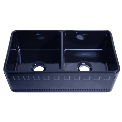 WHI-WHFLATN3318-BLUE Reversible series double bowl fireclay sink with Athinahaus front apron one side and fluted front apron on other