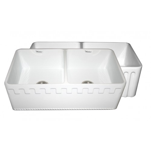 WHI-WHFLATN3318-WHITE Reversible series double bowl fireclay sink with Athinahaus front apron one side and fluted front apron on other