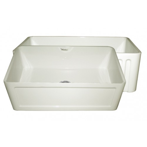 WHI-WHFLCON3018-BISCUIT Reversible series fireclay sink with Concave front apron one side and fluted front apron on other