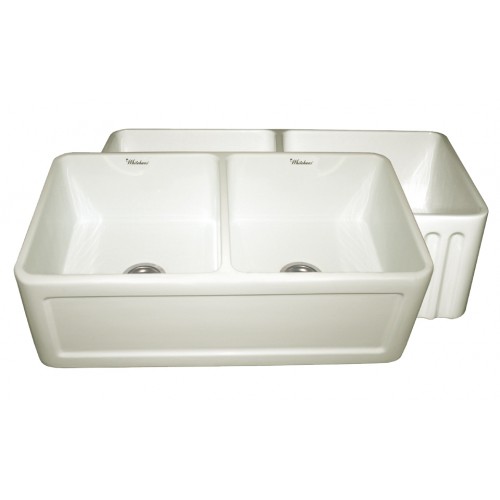 WHI-WHFLCON3318-BISCUIT Reversible series double bowl fireclay sink with Concave front apron one side and fluted front apron on other