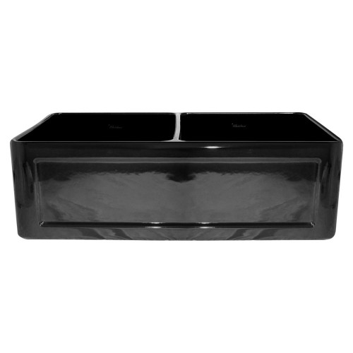 WHI-WHFLCON3318-BLACK Reversible series double bowl fireclay sink with Concave front apron one side and fluted front apron on other