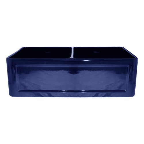 WHI-WHFLCON3318-BLUE Reversible series double bowl fireclay sink with Concave front apron one side and fluted front apron on other