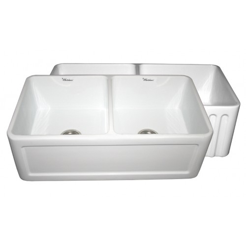 WHI-WHFLCON3318-WHITE Reversible series double bowl fireclay sink with Concave front apron one side and fluted front apron on other