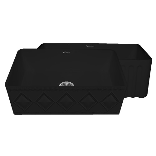WHI-WHFLDI3318-BLACK Diamondhaus Reversible Series double bowl fireclay sink with a diamon design front apron on one side, and a fluted front apron on the opposite side
