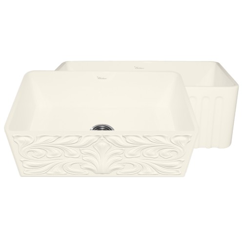 WHI-WHFLGO3018-BISCUIT Gothichaus Reversible Series fireclay sink with a gothic swirl design front apron on one side, and a fluted front apron on the opposite side.