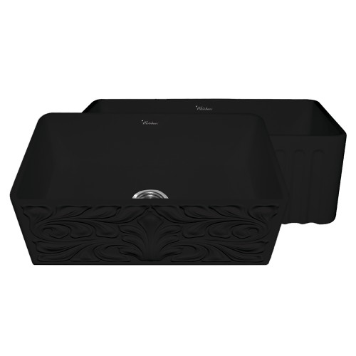WHI-WHFLGO3018-BLACK Gothichaus Reversible Series fireclay sink with a gothic swirl design front apron on one side, and a fluted front apron on the opposite side.