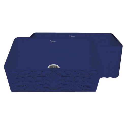 WHI-WHFLGO3018-BLUE Gothichaus Reversible Series fireclay sink with a gothic swirl design front apron on one side, and a fluted front apron on the opposite side.