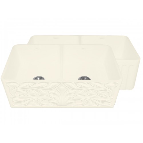 WHI-WHFLGO3318-BISCUIT Gothichaus Reversible Series fireclay double bowl sink with a gothic swirl design front apron on one side, and a fluted front apron on the opposite side.