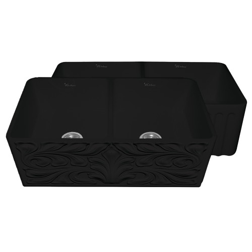 WHI-WHFLGO3318-BLACK Gothichaus Reversible Series fireclay double bowl sink with a gothic swirl design front apron on one side, and a fluted front apron on the opposite side.