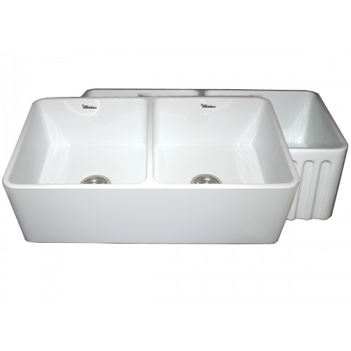 WHI-WHFLPLN3318-WHITE Reversible series fireclay sink with smooth front apron one side and fluted front apron on opposite side