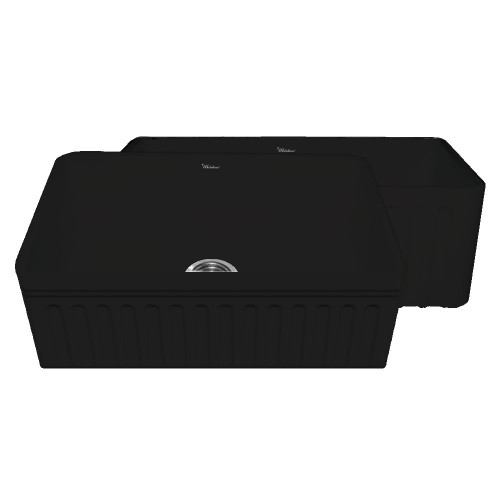 WHI-WHFLQ3018-BLACK Quatro Alcove reversible fireclay sink with a fluted front apron and a decorative 2 1/2" lip on one side and a fluted front apron on the opposite side