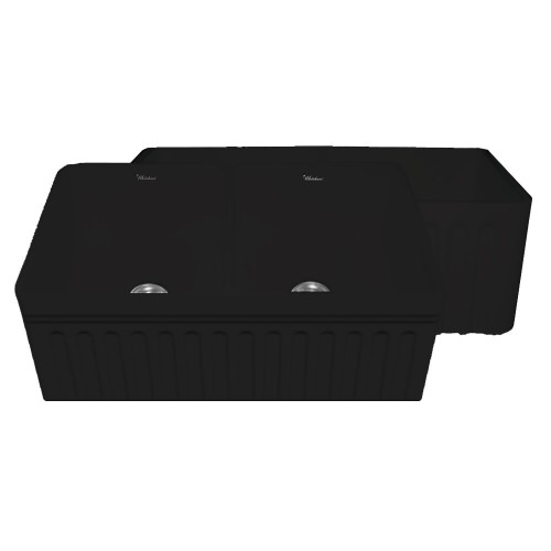 WHI-WHFLQ3318-BLACK Quatro Alcove double bowl reversible fireclay sink with a fluted front apron and a decorative 2 1/2" lip on one side and a fluted front apron on the opposite side