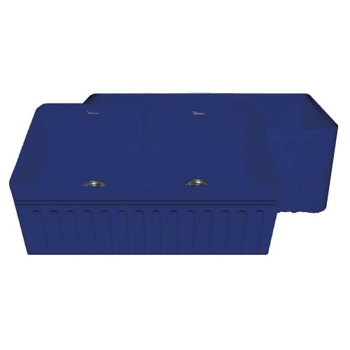 WHI-WHFLQ3318-BLUE Quatro Alcove double bowl reversible fireclay sink with a fluted front apron and a decorative 2 1/2" lip on one side and a fluted front apron on the opposite side