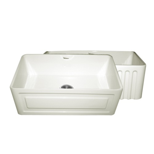 WHI-WHFLRPL3018-BISCUIT Reversible series fireclay sink with Raised Panel front apron on one side and fluted front apron on other