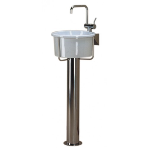 WHI-WHHOOK New Generation HOOK - freestanding unit composed of tubular polished stainless steel stand with three arm supports and ceramic basin - independent single hole faucet ledge included